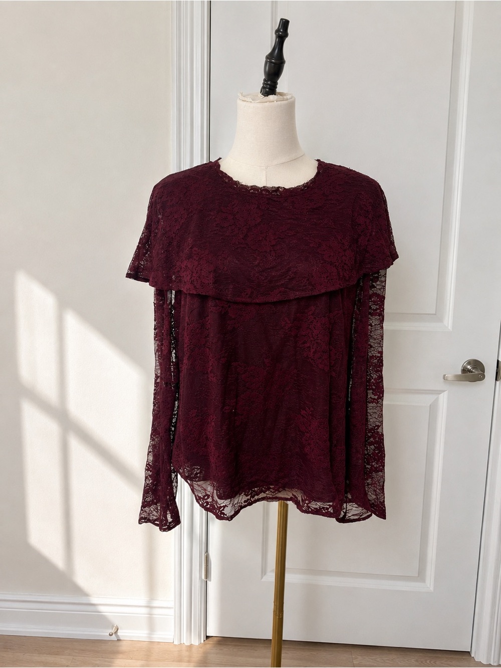 WAYF Burgundy Lace Cape Overlay Blouse – Size Large